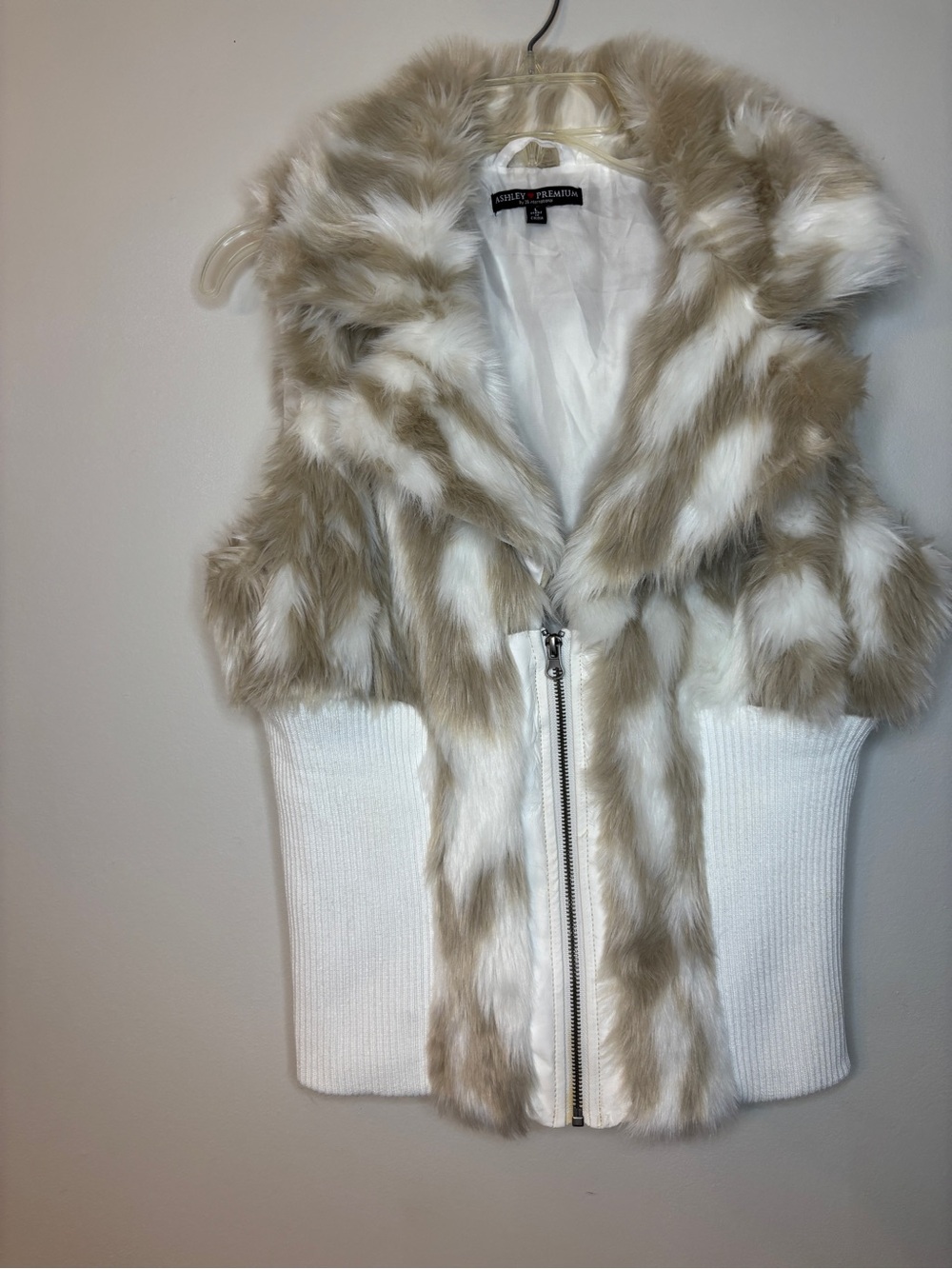 Ashley By 26 International Faux Fur Hooded Vest in Cream and Taupe Trim